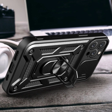 Etui Hybrid Armor Camshield na iPhone 16 Pro Max pancerne z osłoną na aparat z podstawką - czarne