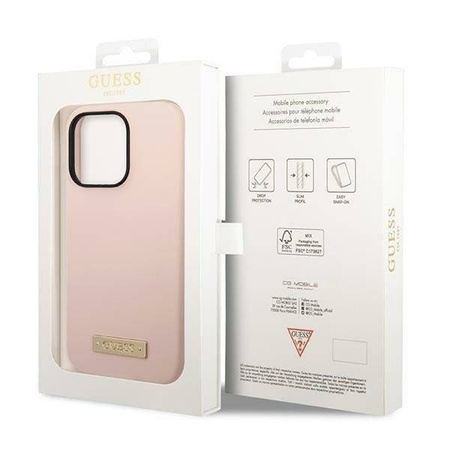 Original Case IPHONE 14 PRO MAX Guess Hard Case Silicone Logo Plate MagSafe pink