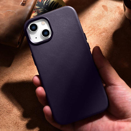 iCarer Case Leather pokrowiec etui z naturalnej skóry do iPhone 14 Plus ciemnofioletowy (kompatybilne z MagSafe)