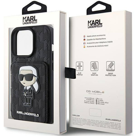 Karl Lagerfeld nakładka do iPhone 15 Pro 6,1" KLHCP15LSAKKNSCK czarna hardcase Saffiano Cardslots and Stand Monogram Ikonik Patch