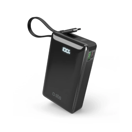 Powerbank SBS 20000 mAh 20W with built-in USB-C cable and digital display - black
