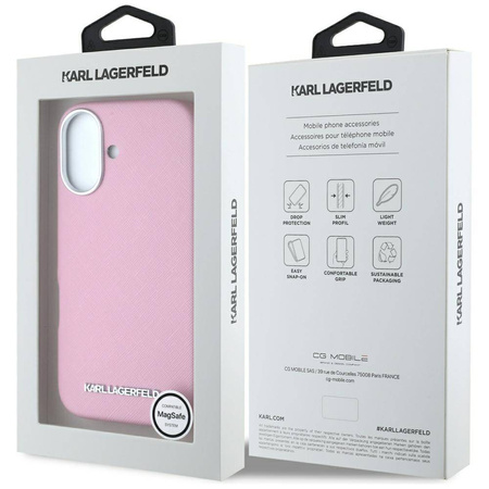 Original Handyhülle IPHONE 16 Karl Lagerfeld Saffiano Full Wrapped Elongated Metal Logo MagSafe rosa