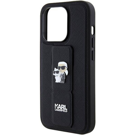 Karl Lagerfeld Gripstand Saffiano Karl&amp;Choupette Pins case for iPhone 15 Pro - black
