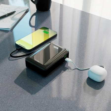 Powerbank SBS 20000 mAh 20W mit integriertem USB-C-Kabel und Digitalanzeige - schwarz