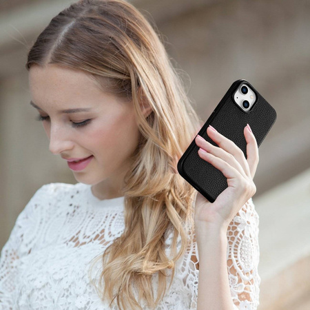 iCarer Litchi Premium Leather Case skórzane etui iPhone 14 magnetyczne z MagSafe czarny (WMI14220709-BK)