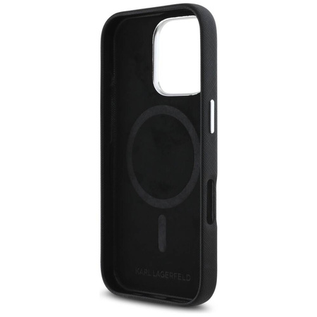 Original Case IPHONE 16 PRO MAX Karl Lagerfeld Saffiano Full Wrapped Elongated Metal Logo MagSafe black