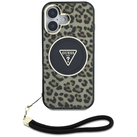 Original Handyhülle IPHONE 16 Guess HC IML Leopard Triangle Cord Strap braun