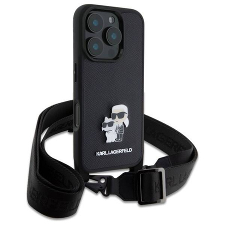 Original Case IPHONE 16 PRO Karl Lagerfeld Hardcase Saffiano Karl&Choupette Metal Pin CBDY Strap (KLHCP16LSAKCPBK) black