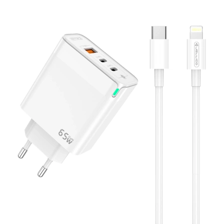 JELLICO Netz-Ladegerät C79 GaN PD 65W 2xUSB-C + 1xUSB QC3.0 + Kabel USB-C - Lightning weiss