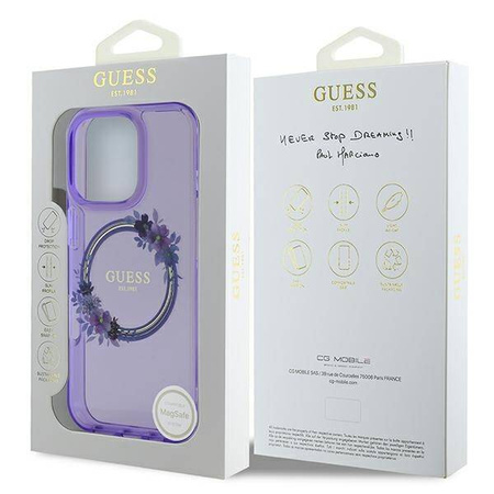 Original Handyhülle IPHONE 16 PRO Guess Hardcase IML Flowers Wreath MagSafe (GUHMP16LHFWFCU) lila