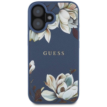Schutzhülle IPHONE 16 Guess Grained Printed Flower Pattern MagSafe blau