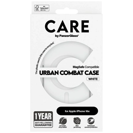 CARE by PanzerGlass Flagship Urban Combat White MagSafe iPhone 16e Hülle - Durchsichtig