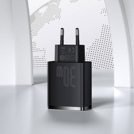 Baseus Compact szybka ładowarka sieciowa 2x USB / USB Typ C 30W 3A Power Delivery Quick Charge biały (CCXJ-E02)