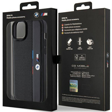 BMW Perforierte Tricolor Line Hülle für iPhone 15 Plus / 14 Plus – Schwarz