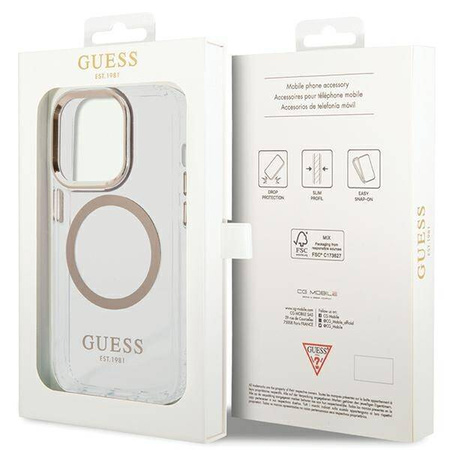 Oryginalne Etui IPHONE 15 PRO Guess Hard Case Metal Outline Magsafe złote