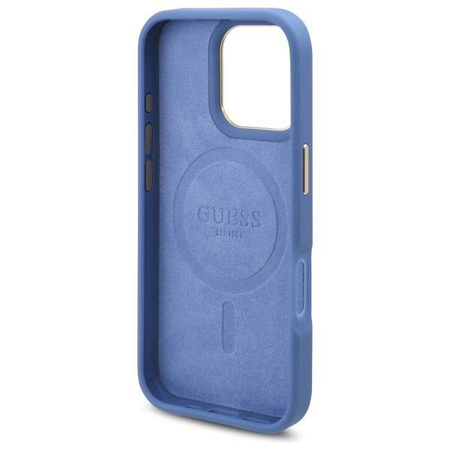 Original Handyhülle IPHONE 16 PRO Guess Hardcase 4G Logo Plate MagSafe (GUHMP16LU4GPRB) blau