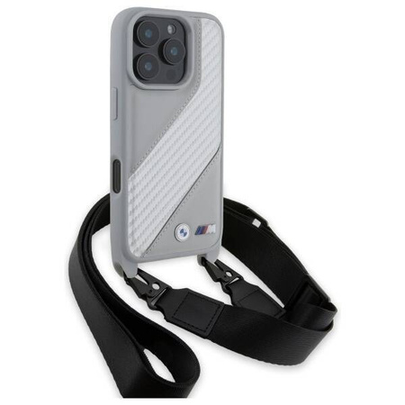 Original Case IPHONE 16 PRO BMW Hardcase M Edition Carbon Stripe & Strap (BMHCP16L23PSCCG) gray
