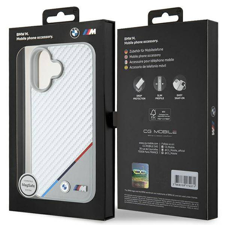 Original Handyhülle IPHONE 16 BMW Hardcase M Carbon Tricolor Line MagSafe (BMHMP16S23PUDTS) grau