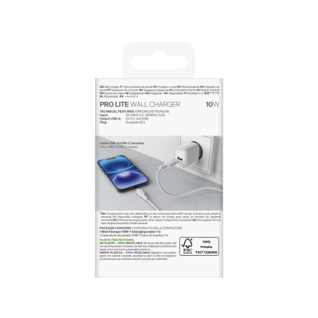 Puro PROLITE 10W USB-A Wandladegerät + USB-A - USB-C Kabel 1,2m - weiß