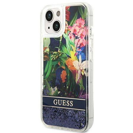 Etui IPHONE 14 PLUS Guess Hardcase Flower Liquid Glitter niebieskie
