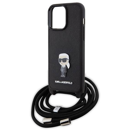 Karl Lagerfeld Crossbody Saffiano Monogram Metal Pin Karl &amp; Choupette Case for iPhone 15 Pro Max - Black