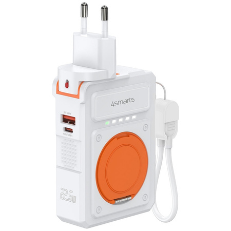 Ładowarka hybrydowa 4smarts 6w1          USB-C/USB-A PD 20W z powerbankiem 10 000 mAh, ładowanie indukcyjne Qi, kabel USB-C, stojak 360, biały