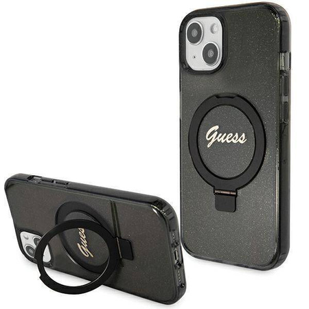 Etui Guess Ring Stand Script Glitter MagSafe na iPhone 15 - czarne