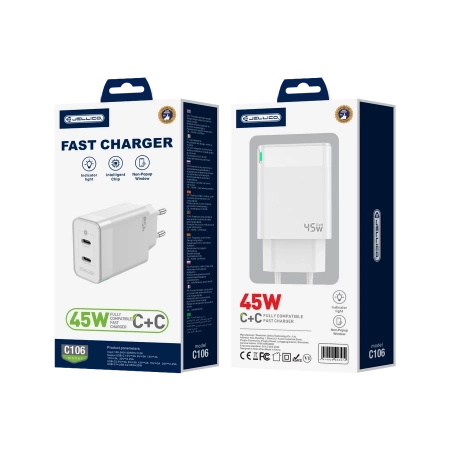 Wall Charger 45W PD GaN 2xUSB-C Jellico C106 white