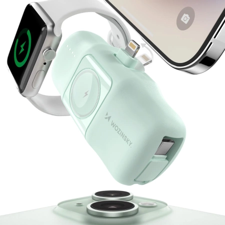 Wozinsky WF16-YLS 5000 mAh 15 W Lightning Mini-Powerbank mit integriertem USB-C-Kabel und Apple Watch Ladegerät – Grün