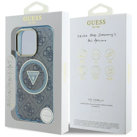 Guess IML Metal Glitter 4G Circle Triangle MagSafe Case für iPhone 16 Pro - Blau