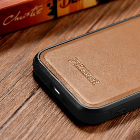 iCarer Leather Oil Wax case covered with natural leather for iPhone 14 (MagSafe compatible) braun (WMI14220717-TN)