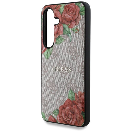 Oryginalne Etui SAMSUNG GALAXY S25 Guess Leather 4G Flowers Print Metal Classic Logo MagSafe różowe