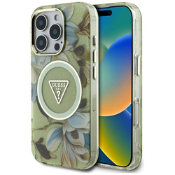 Schutzhülle IPHONE 16 PRO Guess Glitter Flowers Triangle Buttons MagSafe grün
