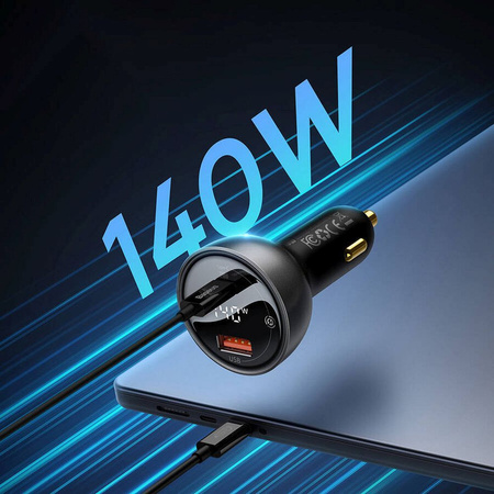 BASEUS ładowarka samochodowa Digital Display Dual USB + Typ-C 140W (z kablem Typ-C do Typ-C 240W 1m Czarny)