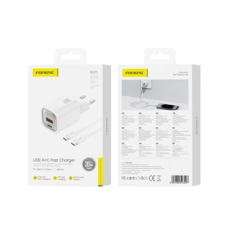 FONENG Netz-Ladegerät EU71 PD 30W 1xUSB-C + 1xUSB QC3.0 + kabel USB-C - USB-C weiss