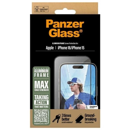 PanzerGlass Displayschutzfolie Aluminiumrahmen iPhone 16 6,1" Ultra-Wide Fit 2849
