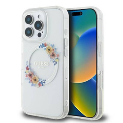 Original Handyhülle IPHONE 16 PRO Guess Hardcase IML Flowers Wreath MagSafe (GUHMP16LHFWFCT) transparent