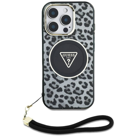 Oryginalne Etui IPHONE 16 PRO Guess HC IML Leopard Triangle Cord Strap czarne