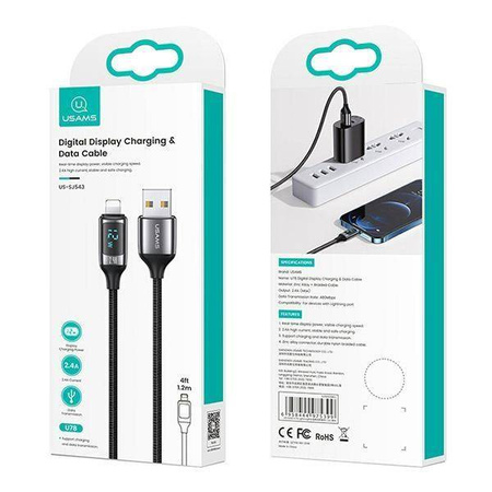 USAMS Kabel pleciony U78 lightning 1.2m LED 2.4A Fast Charging czarny/black SJ543USB01 (US-SJ543)