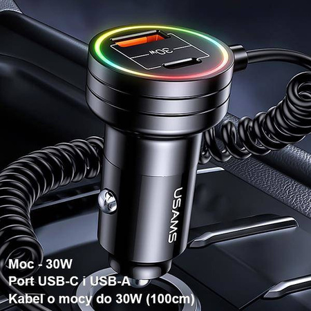 Ładowarka Samochodowa 60W USB + USB-C + Kabel USB-C Usams C33 Fast Charge CC167CC01 (US-CC167) czarna