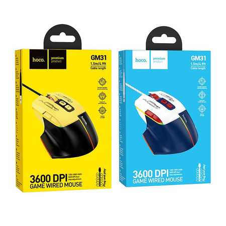 HOCO mysz komputerowa gamingowa przewodowa USB A 3600DPI GM31 czarno żółta