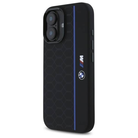 Original Handyhülle IPHONE 16 BMW Hardcase Silicone Hexagon Blue Line MagSafe (BMHMP16S23SHEB) schwarz