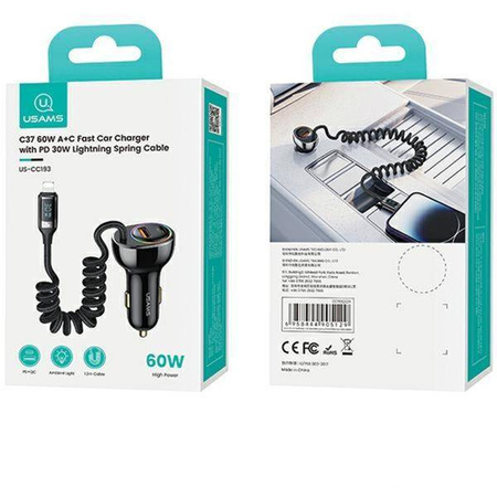Ładowarka Samochodowa USAMS C37 1xUSB+1xUSB-C 60W + kabel Ligtning 30W PD+QC Fast Charge czarny/black CC193CC01 (US-CC193)