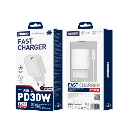 JELLICO wall charger EU53 PD 30W 1xUSB-C + cable USB-C - Lightning White