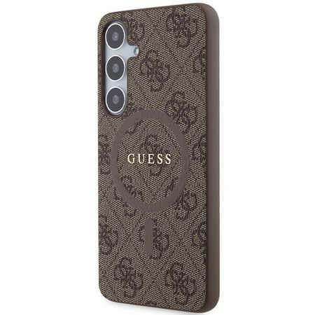 Guess 4G Collection Leder-Metall-Logo MagSafe-Hülle für Samsung Galaxy S24+ – braun