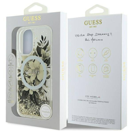Original Case IPHONE 16 Guess Hardcase Liquid Glitter Flower MagSafe (GUHMP16SLFMWTE) beige
