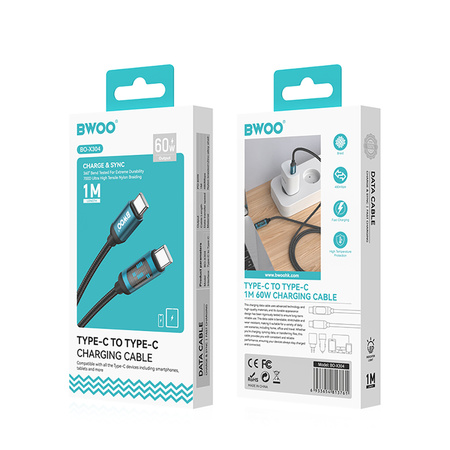 BWOO Pleciony kabel USB-C do USB-C 60W z animowanym podświetleniem, 1m