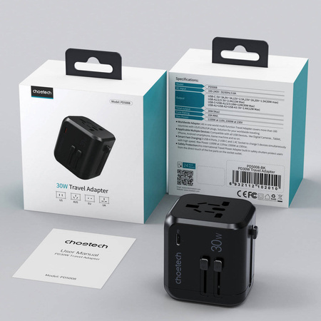 Choetech szybka uniwersalna ładowarka sieciowa podróżna GaN USB Typ C / 3 x USB-A 30W Power Delivery czarny (PD5008-BK)