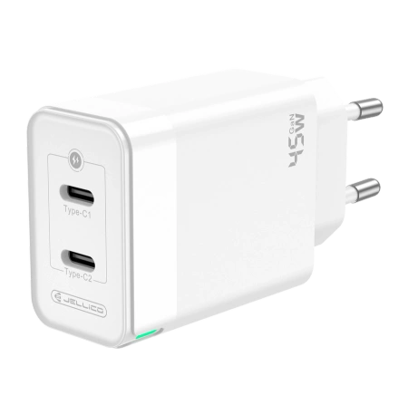 JELLICO Netz-Ladegerät C106 GaN PD 45W 2xUSB-C + Kabel USB-C - Lightning weiss