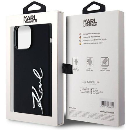 Original Handyhülle IPHONE 14 PRO MAX Karl Lagerfeld Hardcase Silicone Metal Script Logo schwarz